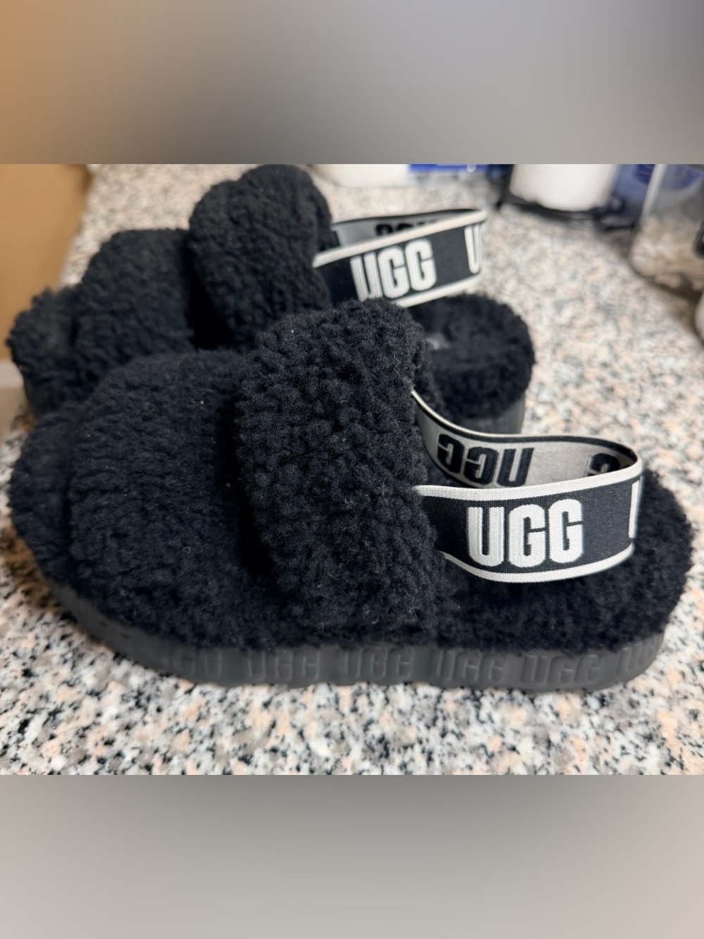 UGG Black Faux Shearling Logo Strap Slide Sandals